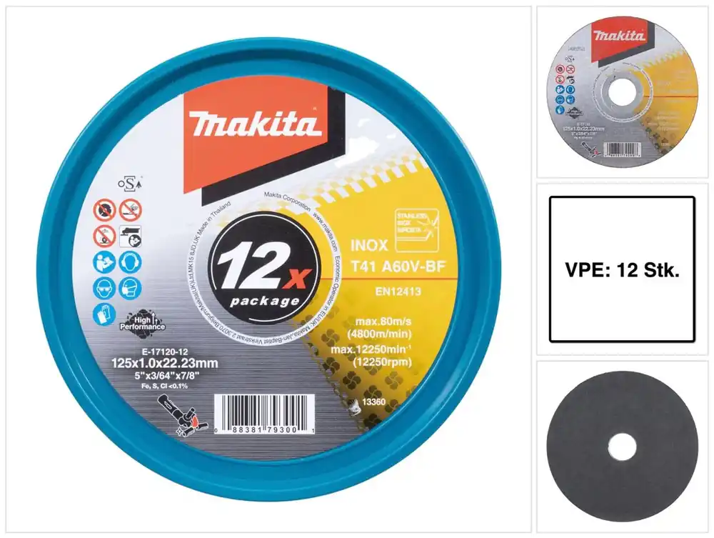 Heißes Angebot Makita E-17120-12 Trennscheiben INOX 125 x 1,0 x 22,23 mm A60V-BF 12 Stück in Dose