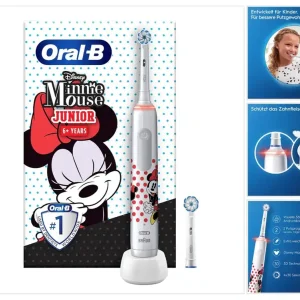 Highlight Oral-B Junior Minnie Mouse Elektrische Zahnbürste Electric Toothbrush für Kinder ab 6 Jahren 360° Andruckkontrolle 2 Putzmodi inkl., Timer, weiß + 2 Aufsteckbürsten