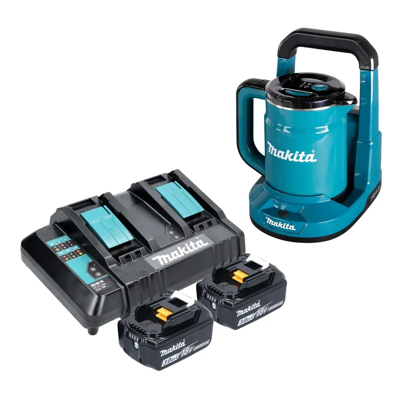 Rabatt Makita DKT 360 CF2 Akku Wasserkocher 36 V ( 2x 18 V ) 0,8 L + 2x Akku 3,0 Ah + Doppelladegerät