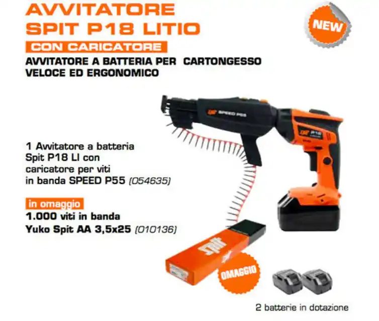 Top-Seller Avvitatore cartongesso Litio Spit P18 3 batterie 18v 4Ah + Caricabatterie + caricatore + 1000 viti