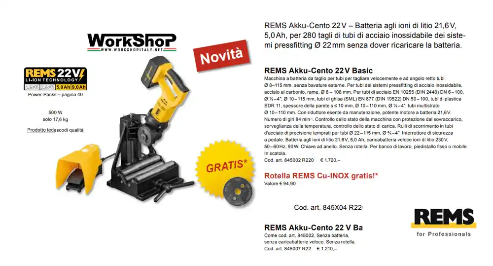 Macchina da taglio per tubi REMS Akku-Cento 22 V Basic /P senza batteria ne caricabatterie Knallerangebot