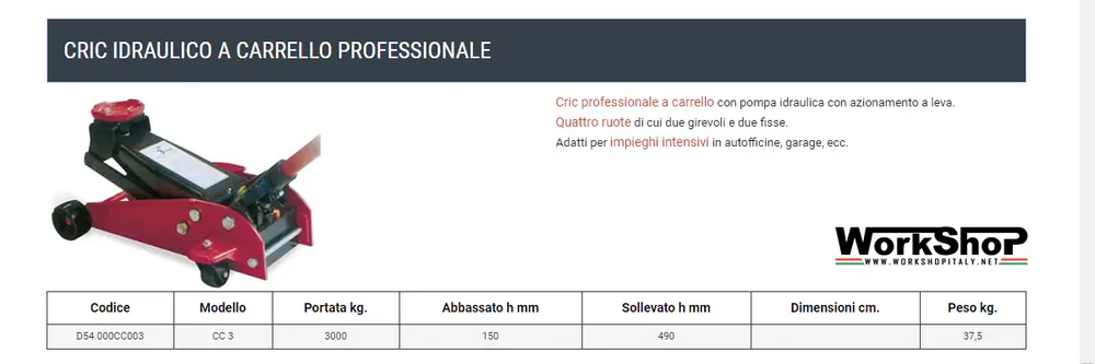 Preis Gesenkt Cric idraulico professionale Barbero 3 Ton. CC3