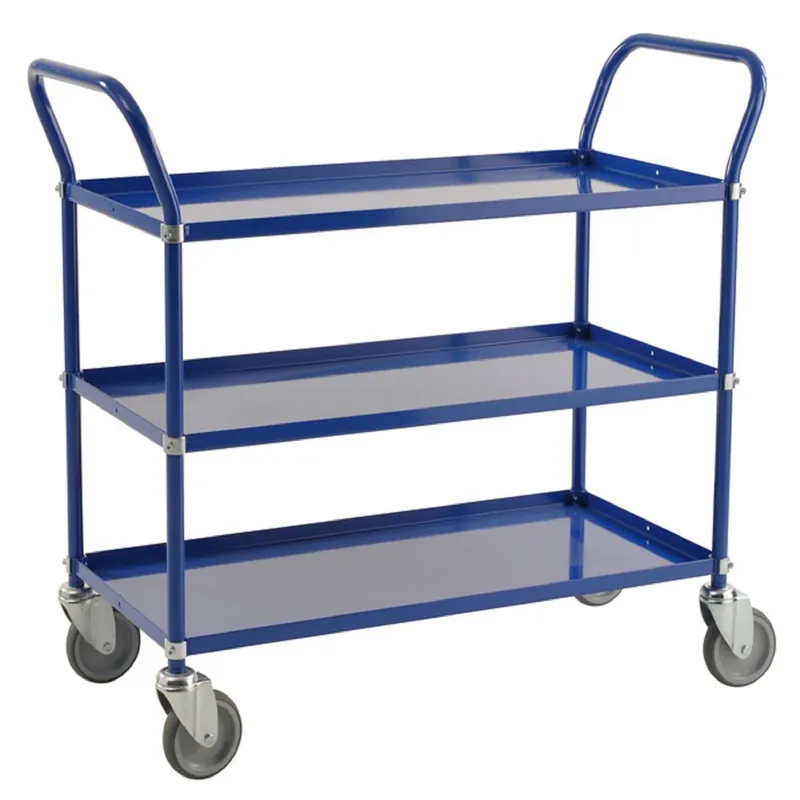 Echt Blue Trolley in sheet metal, 3 shelves, 4 swivel castors - Kongamek